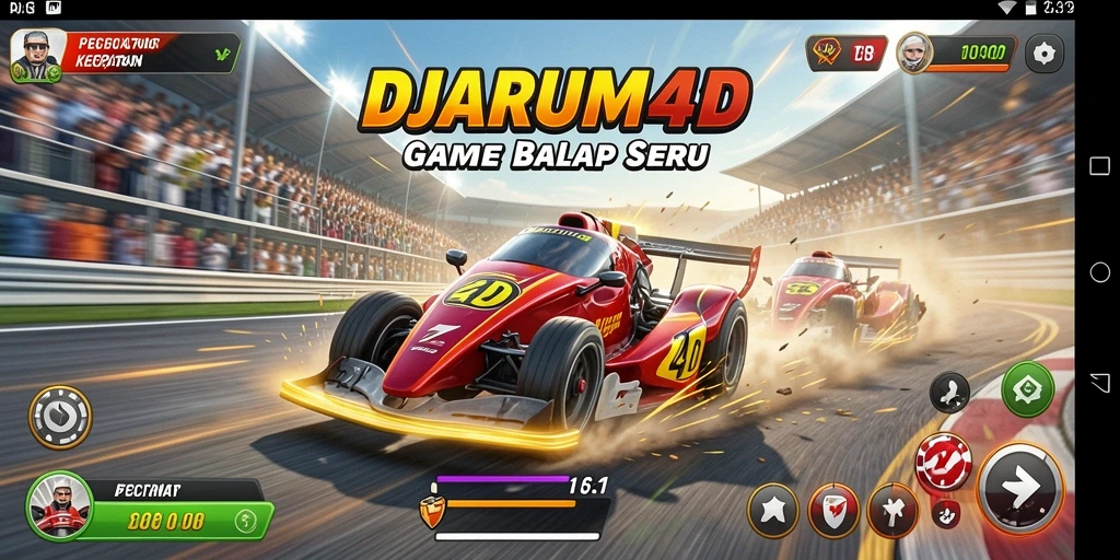 Gameplay seru dengan mobil balap melaju kencang di lintasan.