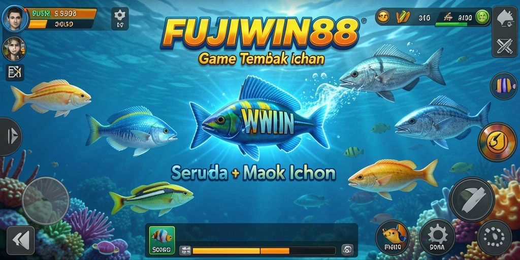 Tampilan gameplay seru FUJIWIN88 dengan berbagai ikan dan senjata.