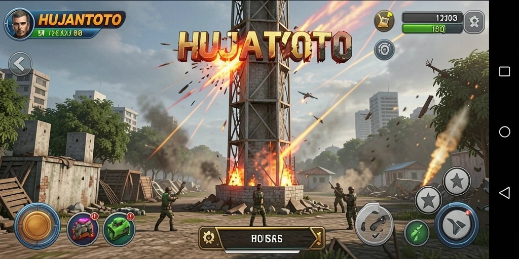 Screenshot gameplay <strong>HUJANTOTO</strong> menampilkan aksi menara melawan gelombang musuh.